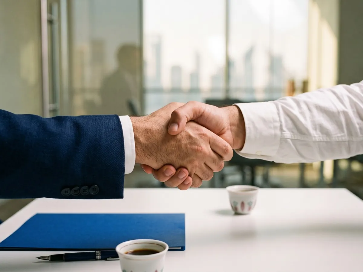A handshake across a meeting table with a blue folder and Arabic coffee