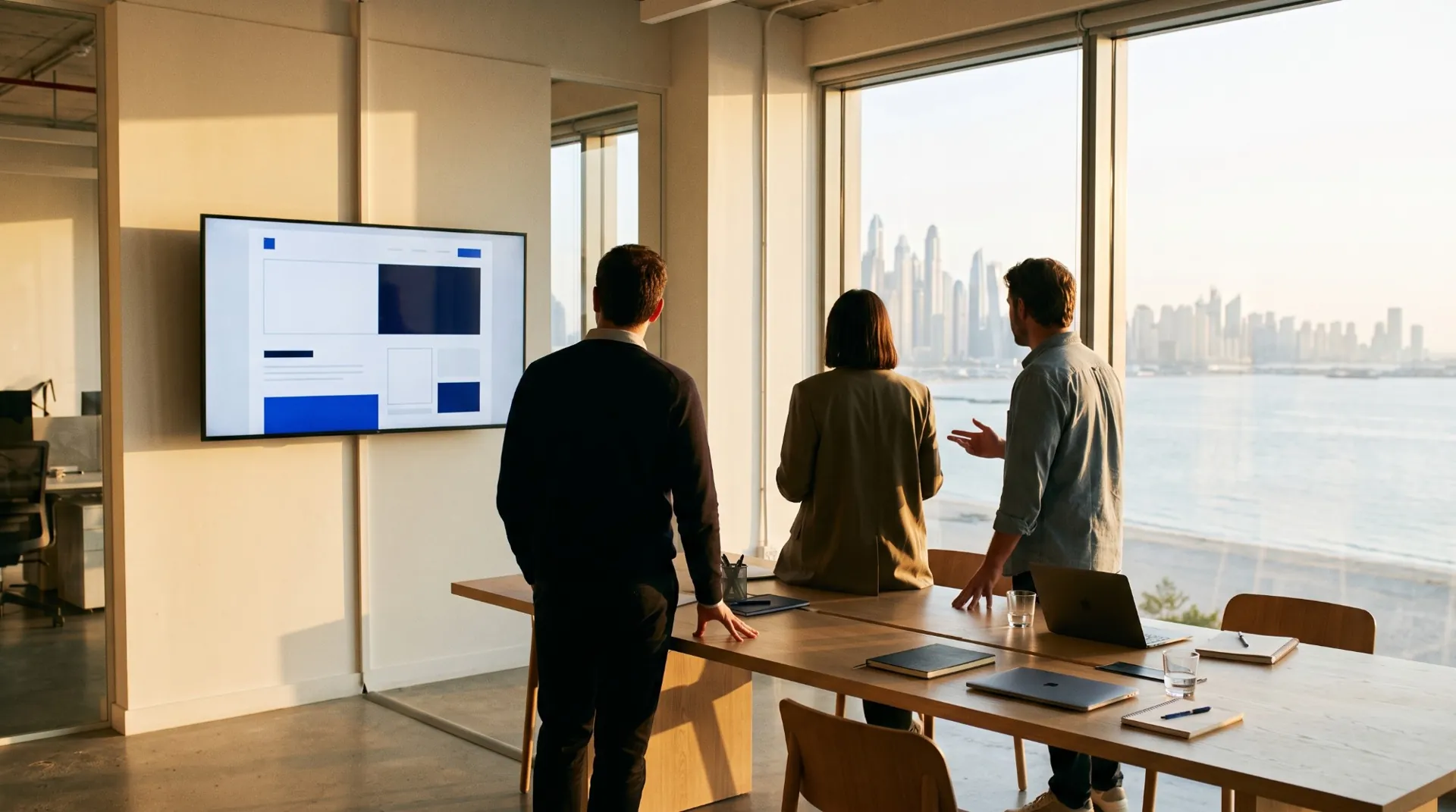 A team reviewing a website design on a wall screen, in an office overlooking the sea